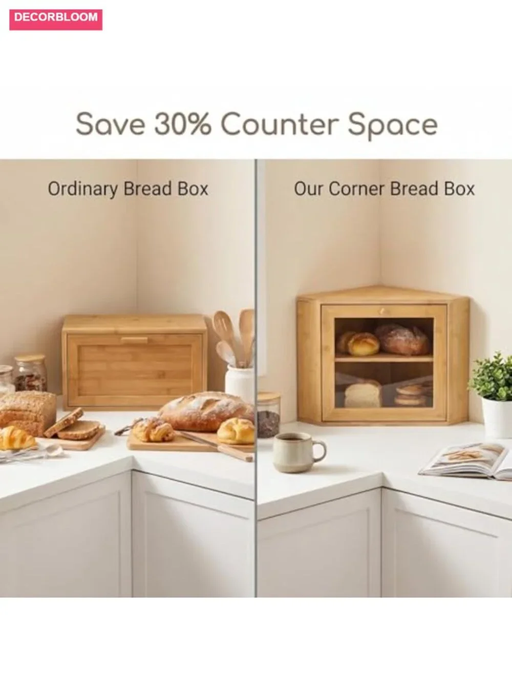 Bamboo Corner Bread Box, 2-Tier Kitchen Countertop Storage, Farmhouse Bread